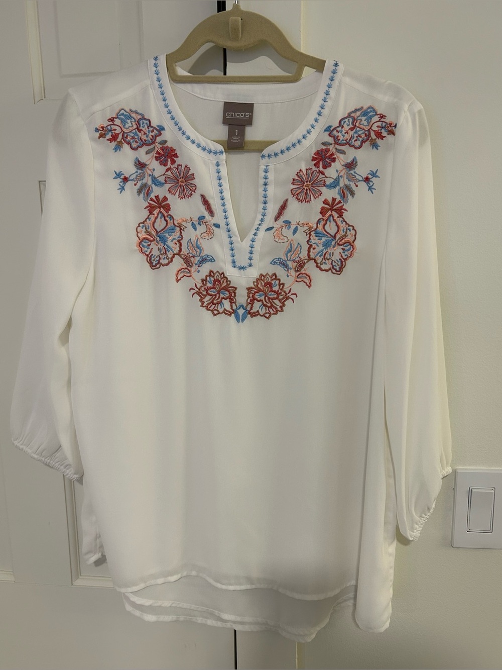Chico's White V-Neck Blouse with Blue and Red Floral Embroidery